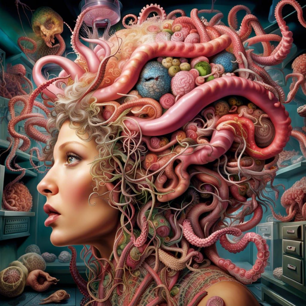 Inside the mind of ADHD, by David LaChapelle, intricately hyper detailed, female brain with tentacles coming out, lovecr...