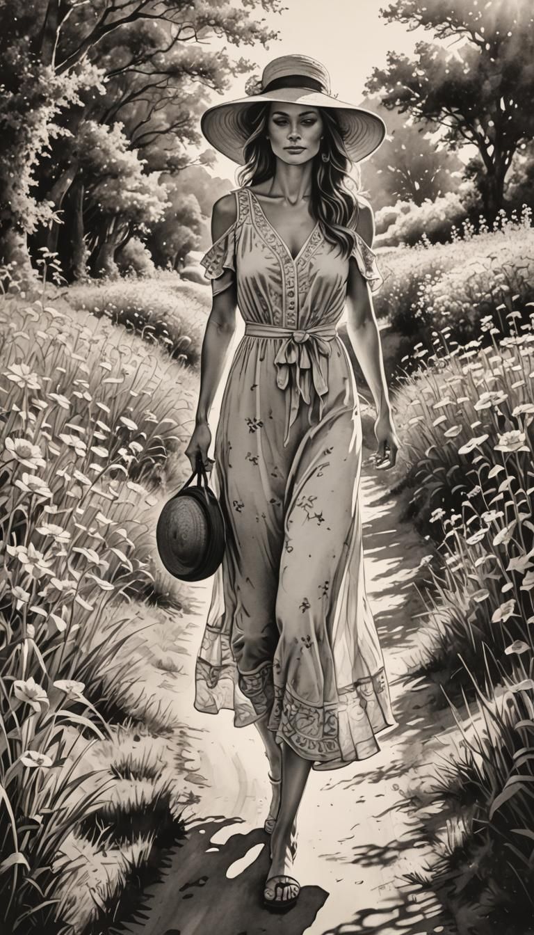 Elegant Woman in Sunny Landscape: Hyperdetailed Ink Drawing