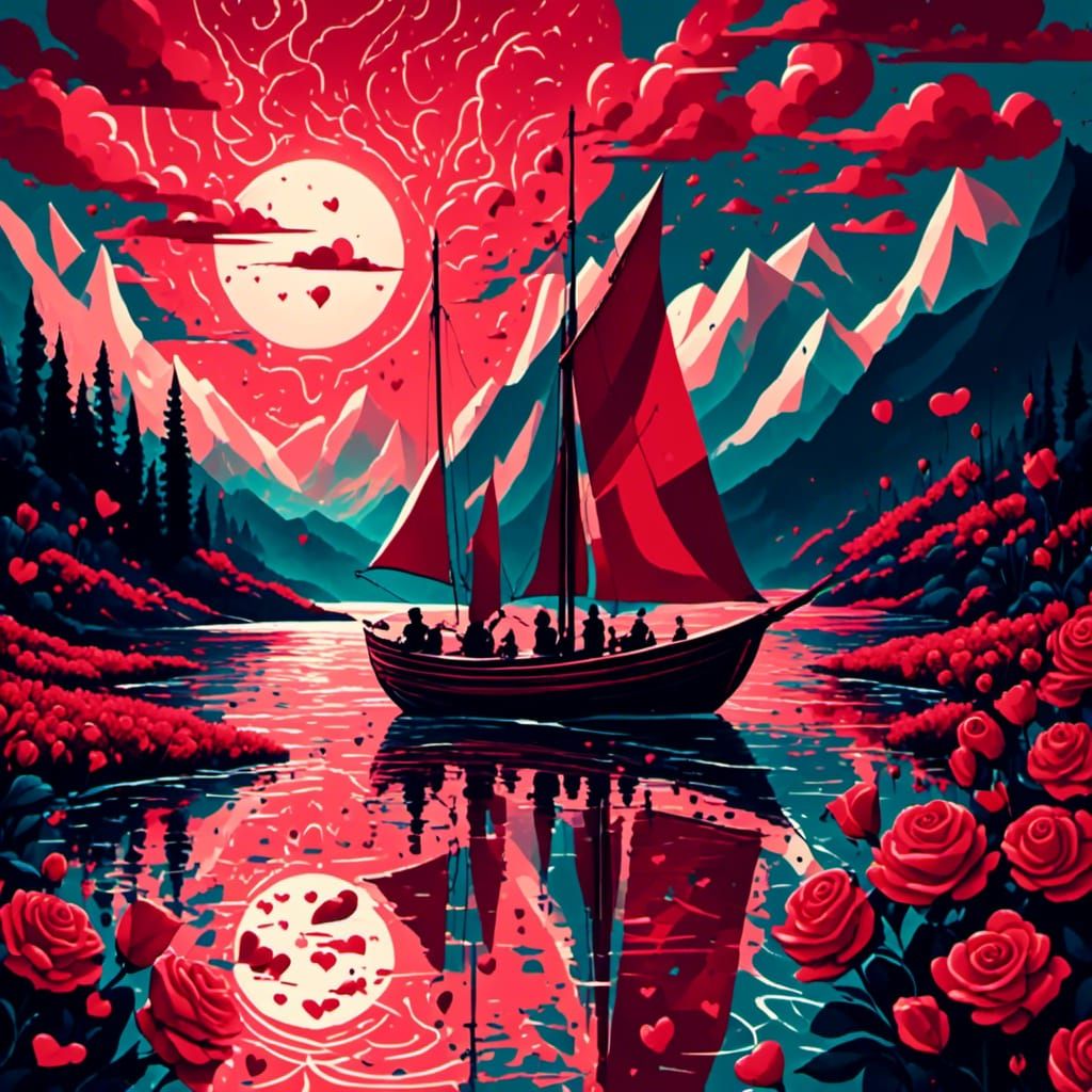 Heart-Shaped Sailboat on Chocolate River in Cubist Style