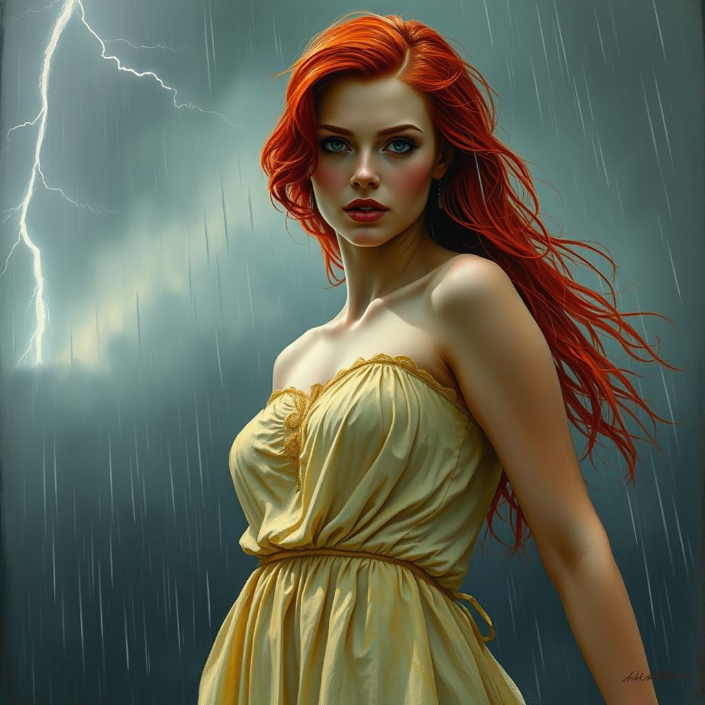 Woman in Rain Under Lightning Strike