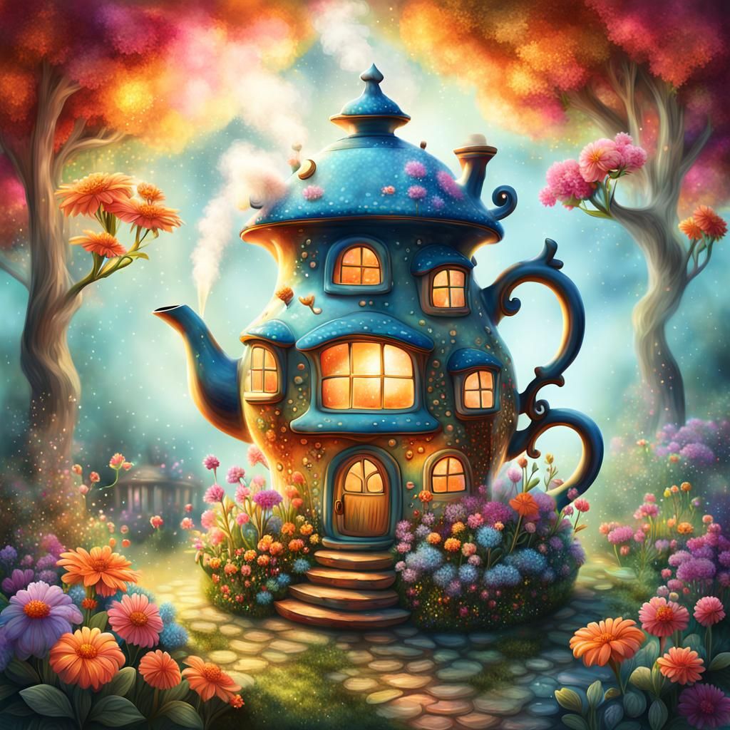 Whimsical Teapot House in a Fantasy Garden