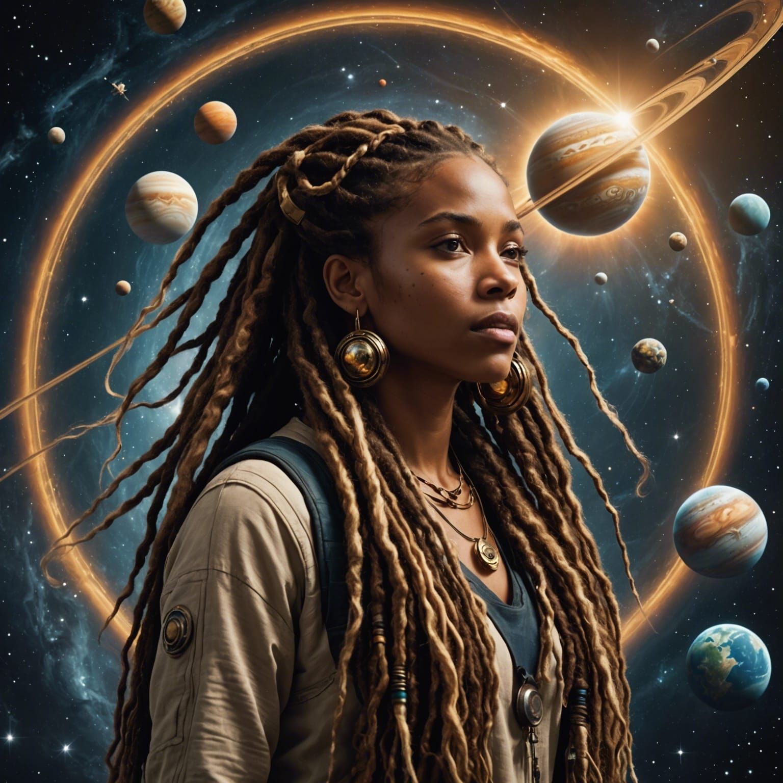 Woman in Space Surrounded by Planets