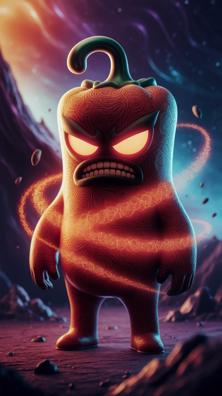 Zentangle Chili-Pepper Supervillain in a Cosmic Scene