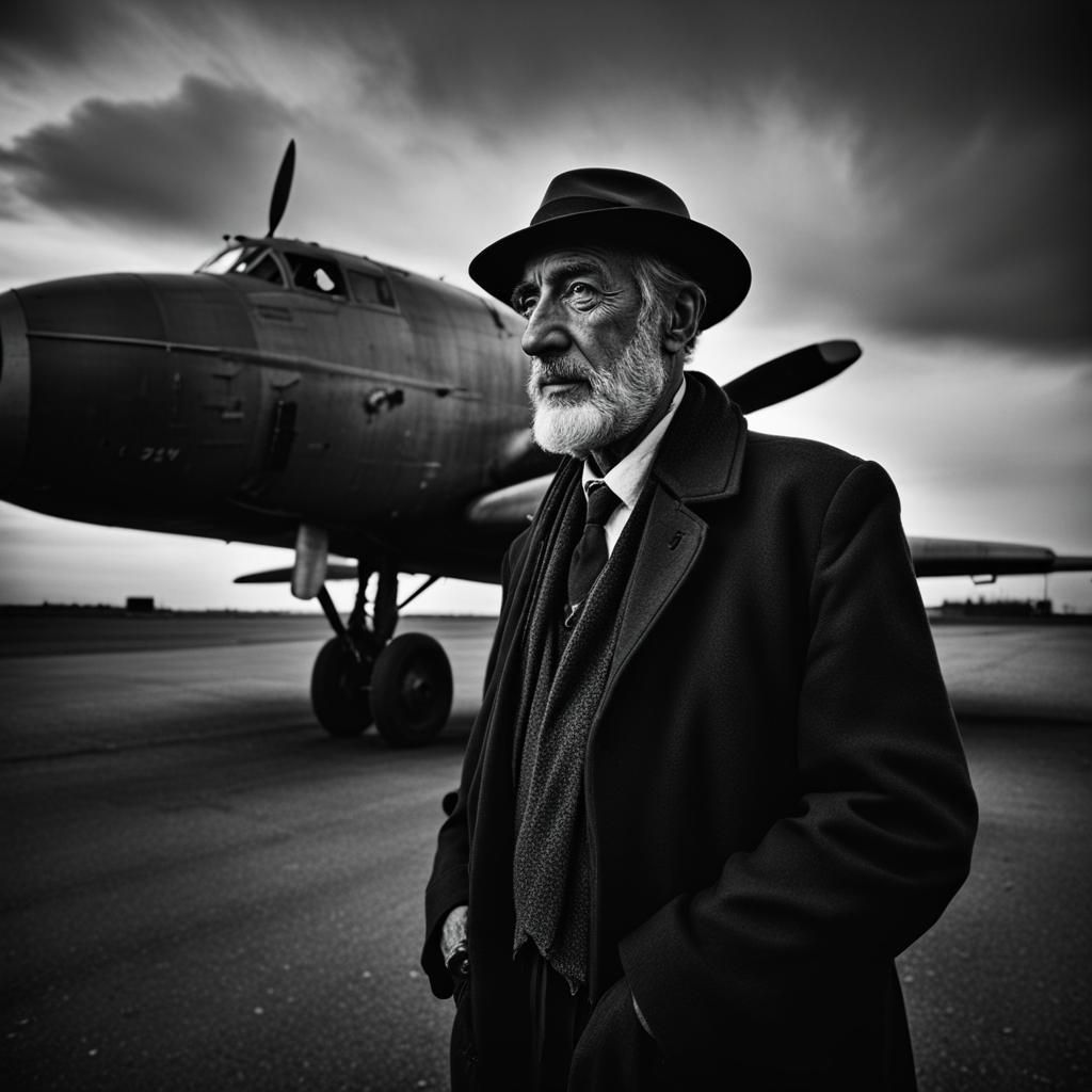 Vintage Airplane and Wolf Under Starry Sky