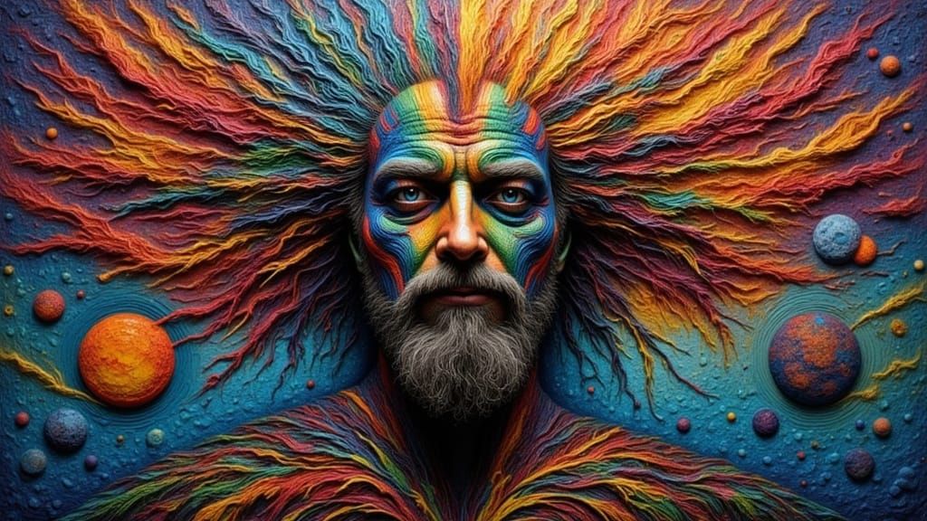 Fractal Faced Man with Rainbow Moss in Dark Fantasy Style