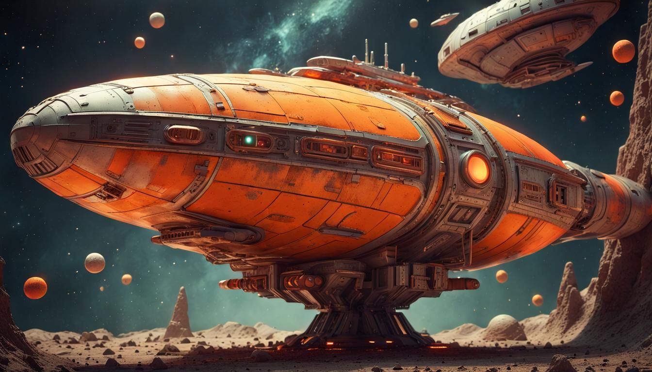 Seventies Style Starship in Deep Space Diorama