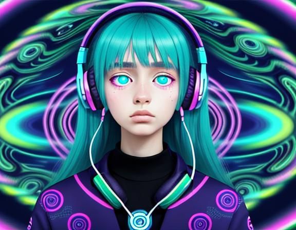 Woman with Headphones in Dreamy Hypnotic Style