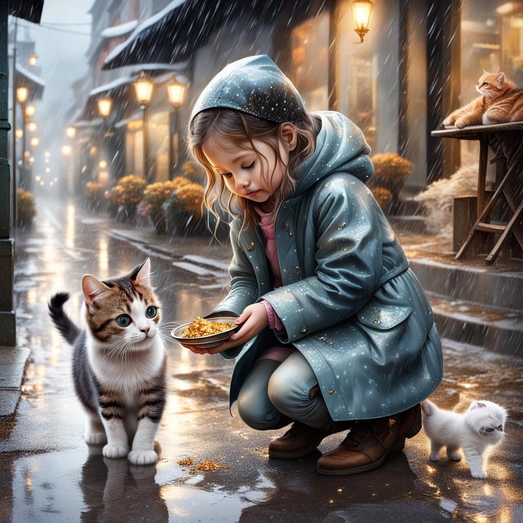 Girl Feeds Cat on a Rainy Day
