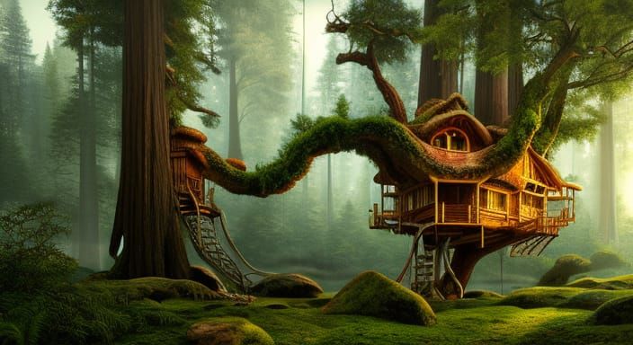 Epic Treehouse in Redwood Forest, Hyperrealistic Painting