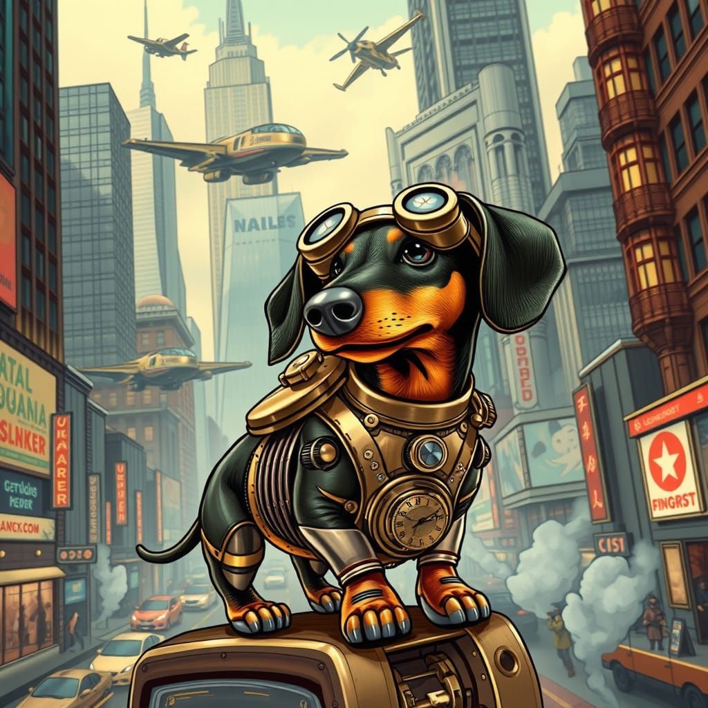 Steampunk Dachshund Explores Futuristic Metropolis in Intric...