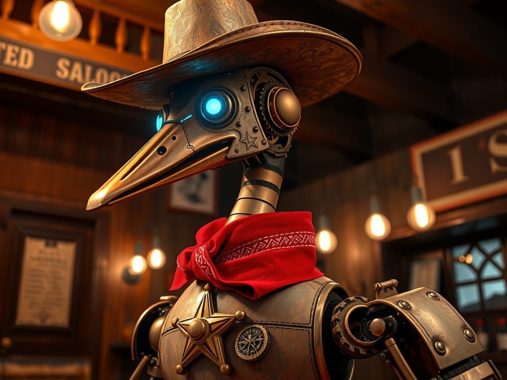 Steampunk Robot Swan Sheriff in Dimly Lit Saloon