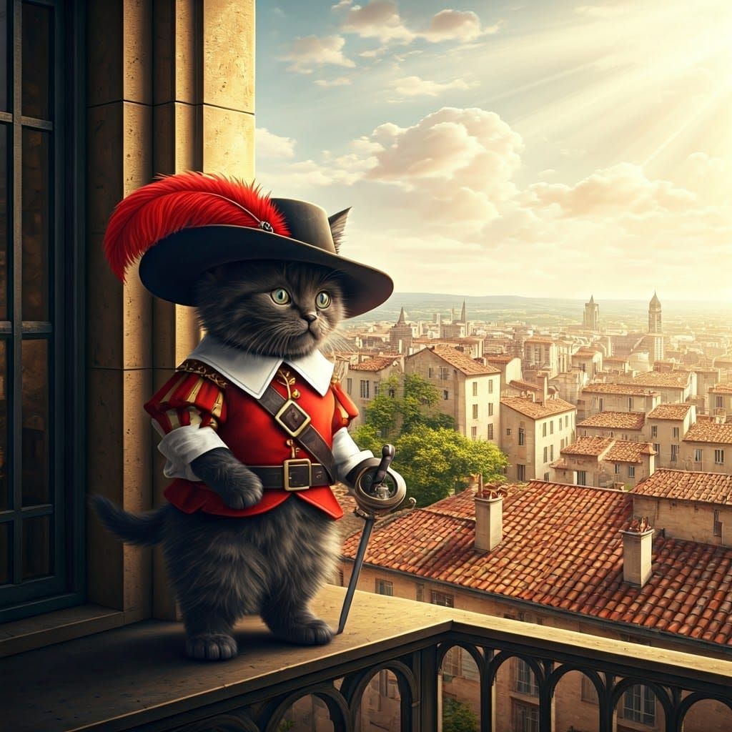 Whimsical Kitten Musketeer in Dreamy French Cityscape