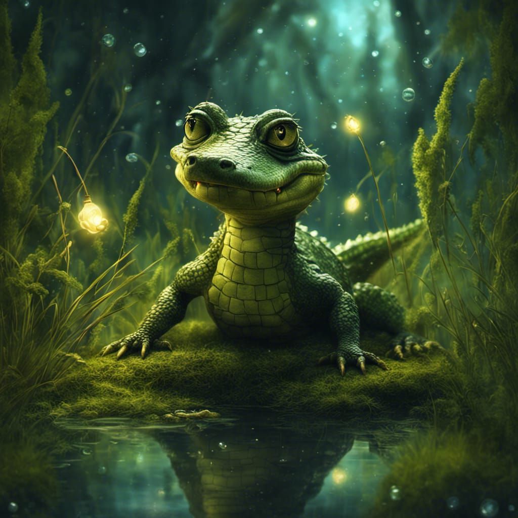 Adorable Baby Alligator in a Fantastical Swamp