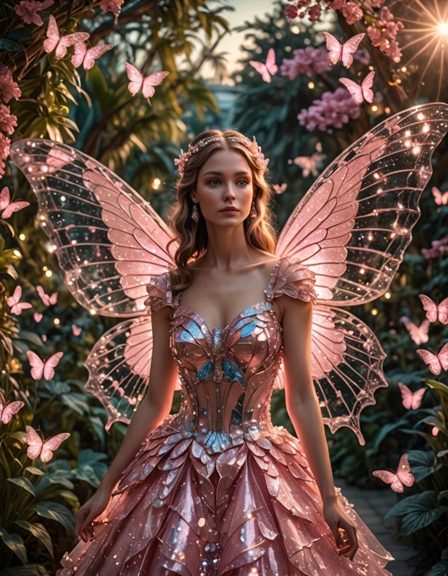 garden in a pink sparle butterflydress big angel wings