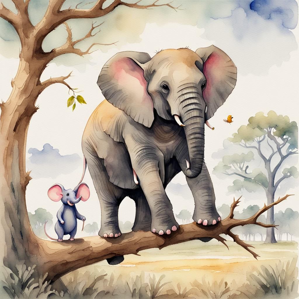 Elephant and Mouse Cartoon Watercolor in Savannah