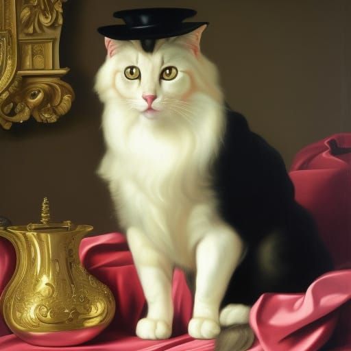 Anxious Cat in Baroque Still Life