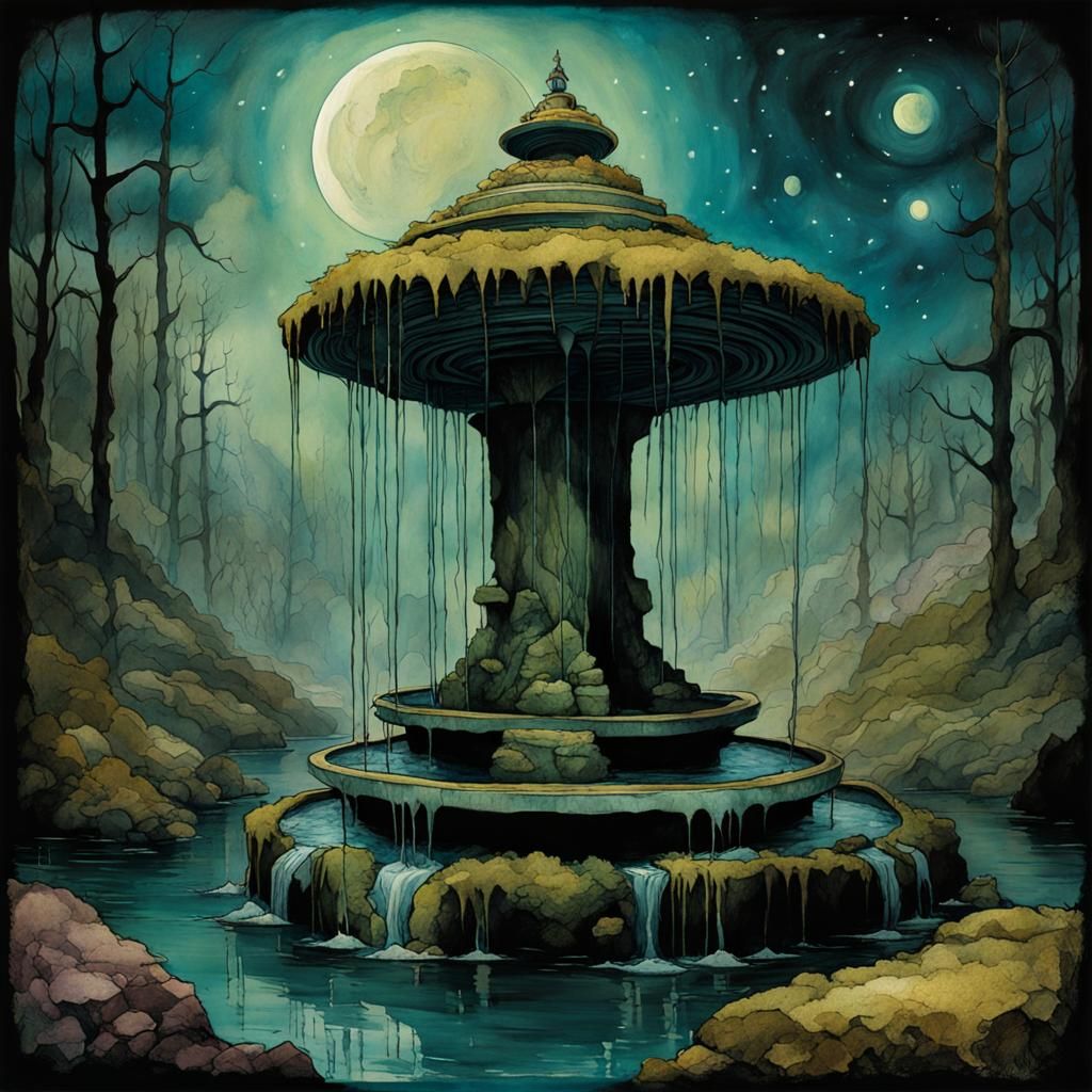 Otherworldly Space Fountain in Cubist Style