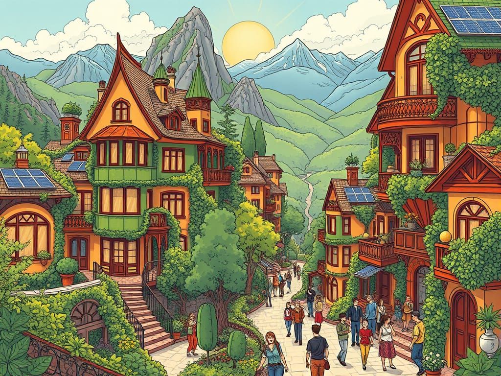 Solarpunk Mountain Utopia in Vibrant Colors