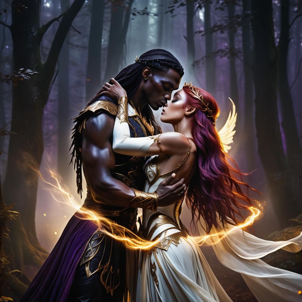 Dark Angel Kisses Elf in Misty Forest