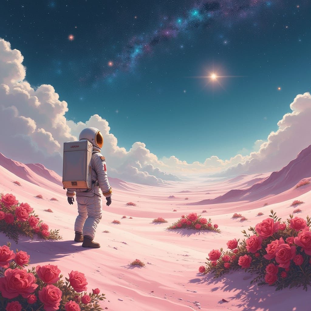 Astronaut Solo on a Pink Planet with Galaxy Background and D...
