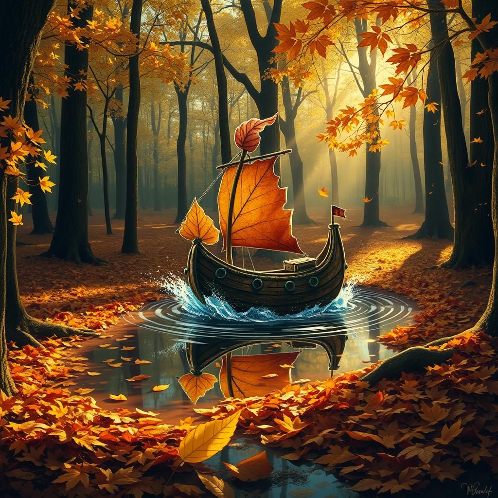 Autumn Leaf Ship Voyage in Golden Light