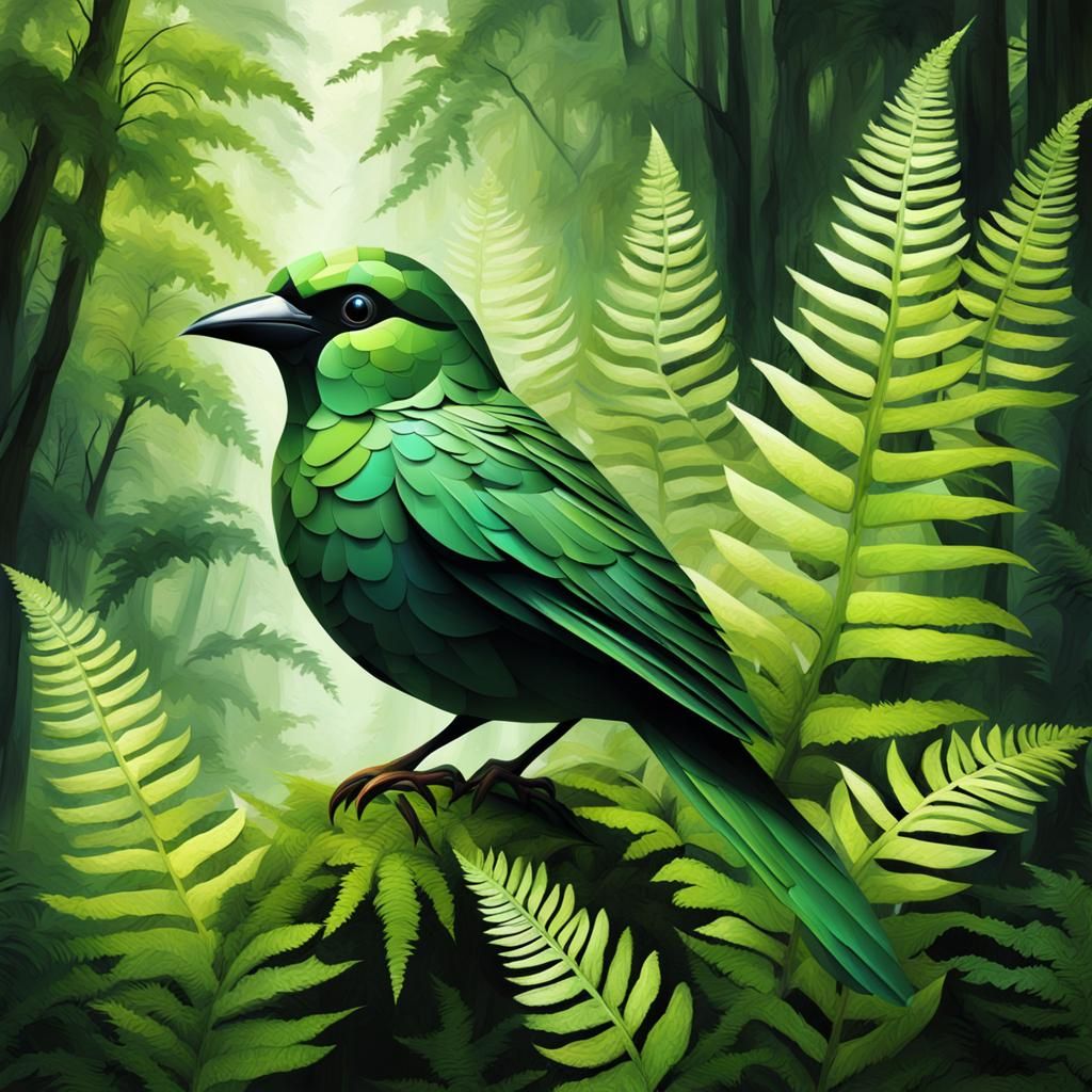 Cubist Green Bird in a Fern Forest