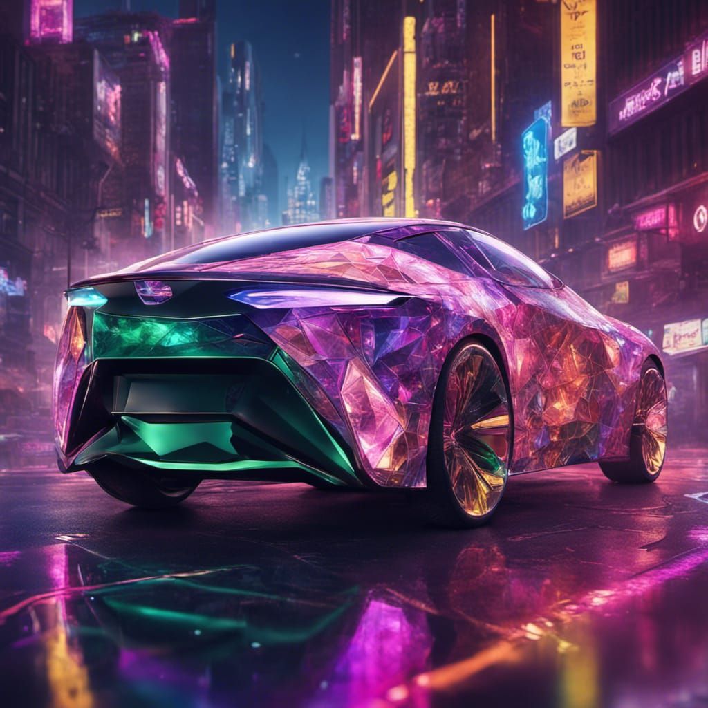 a car design inspired by the intricate facets of precious gemstones, with transparent panels showcasing the inner workin...