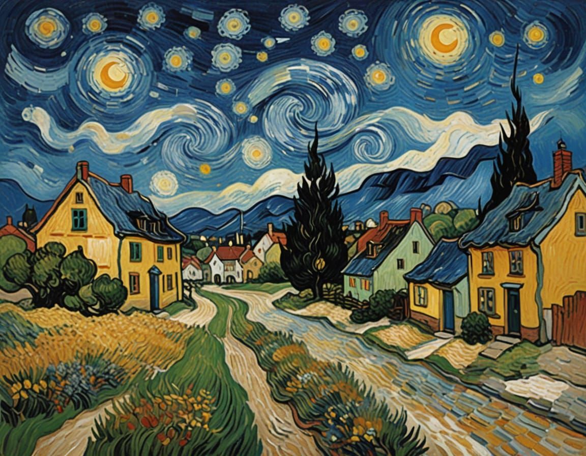 Whirlpool Night Sky Over a Village in Impasto Style