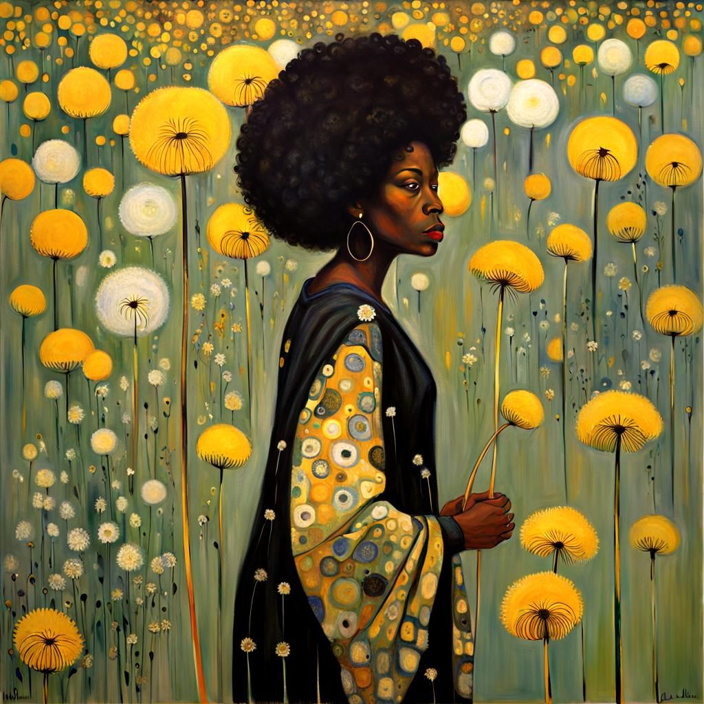 Black Woman Walking Dandelions in Klimt Style