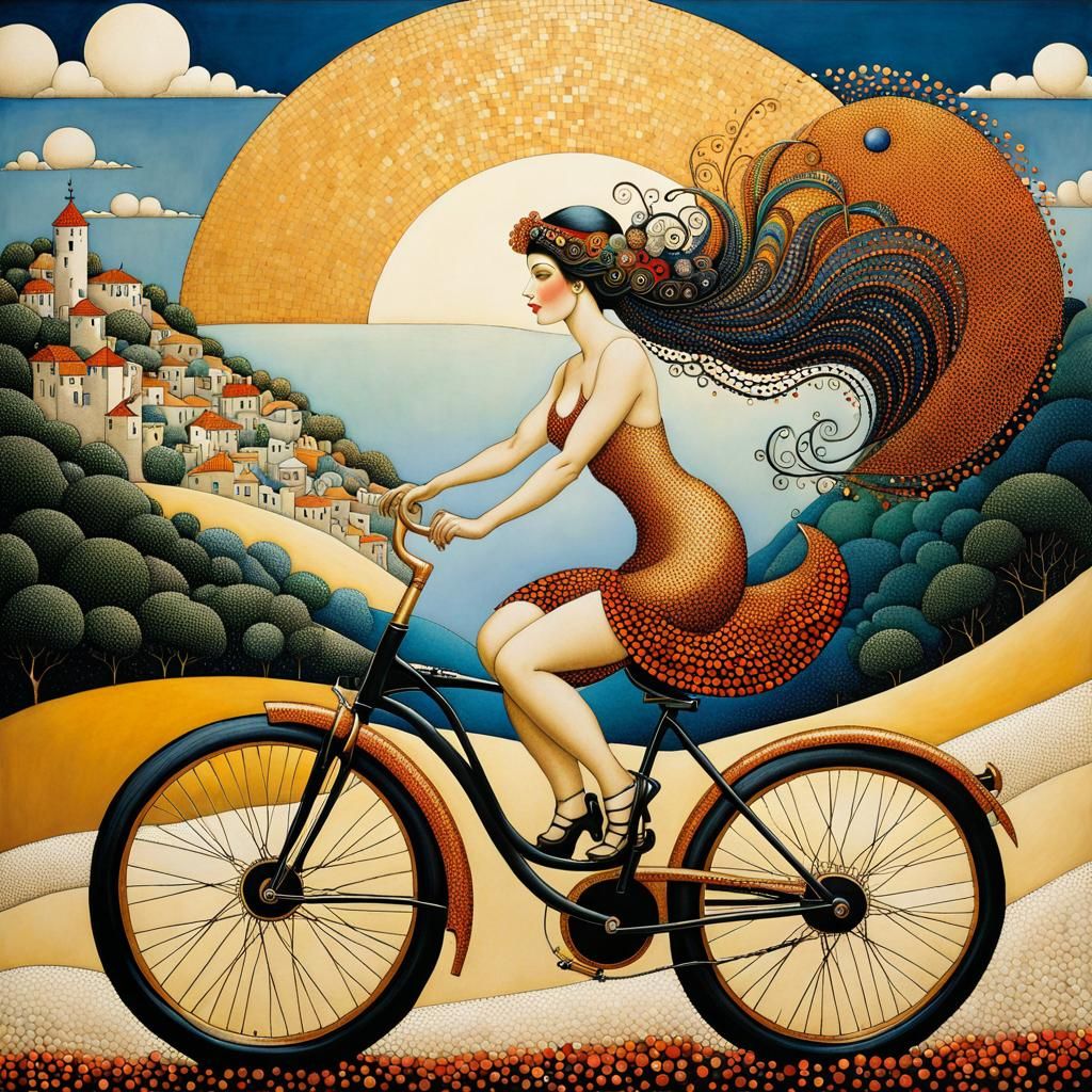 Whimsical Valley Bike Ride in Pointillist Mosaic Style