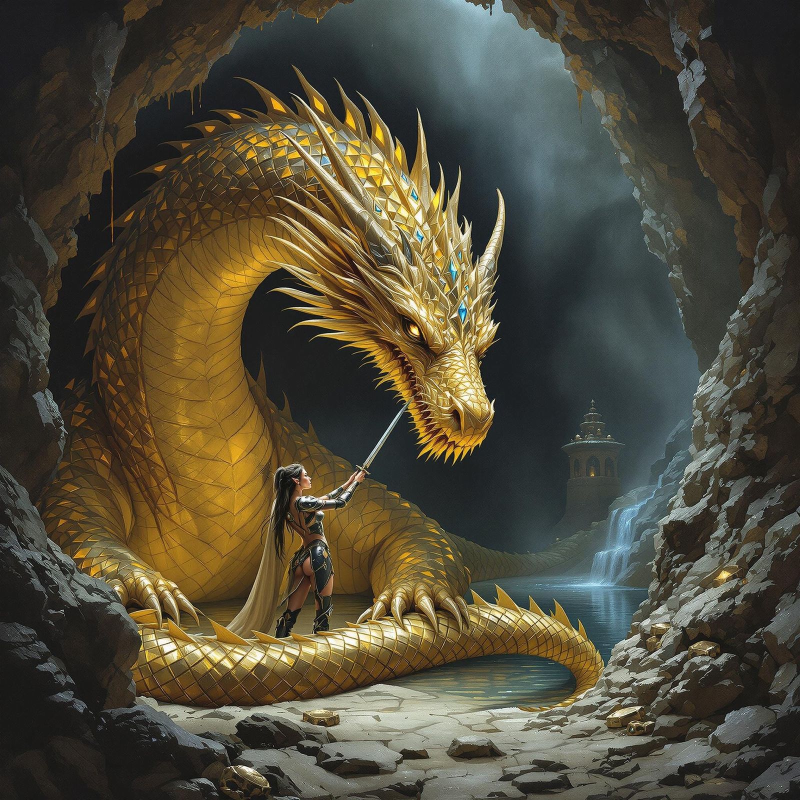 A medieval female knight elf nursing a wounded dragon back t...