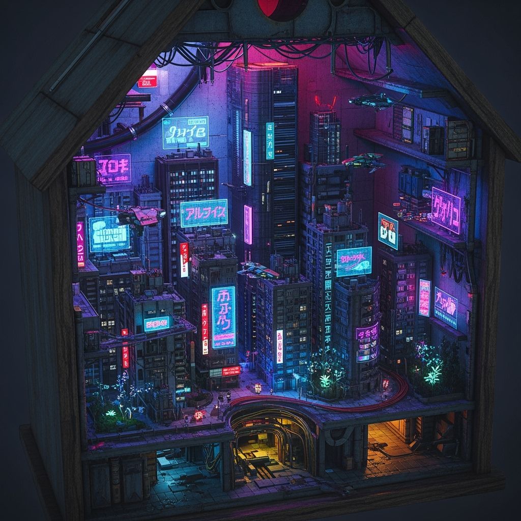 Cyberpunk City in Birdhouse with Neon Holograms