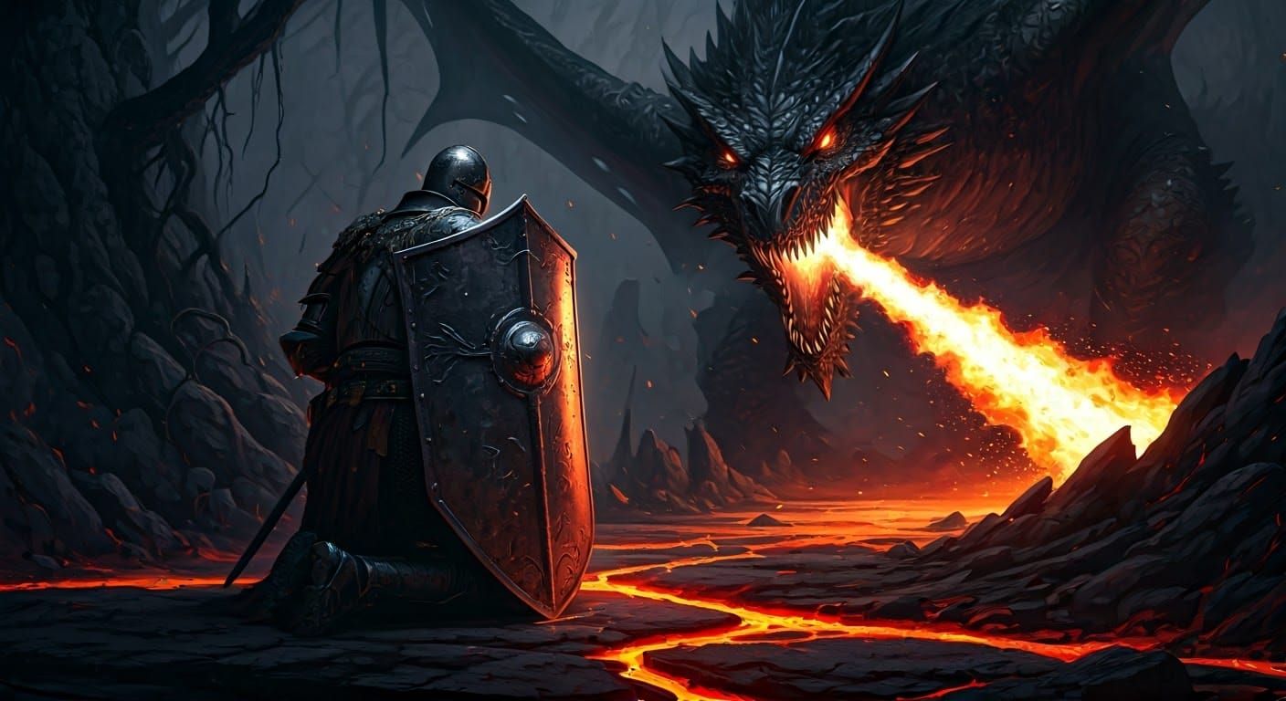 Knight Shielded from Dragon Fire in Dark Fantasy Landscape