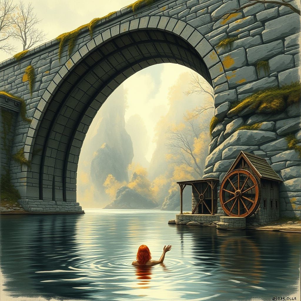 A Majestic Stone Bridge Over a Serene River in a Forgotten E...