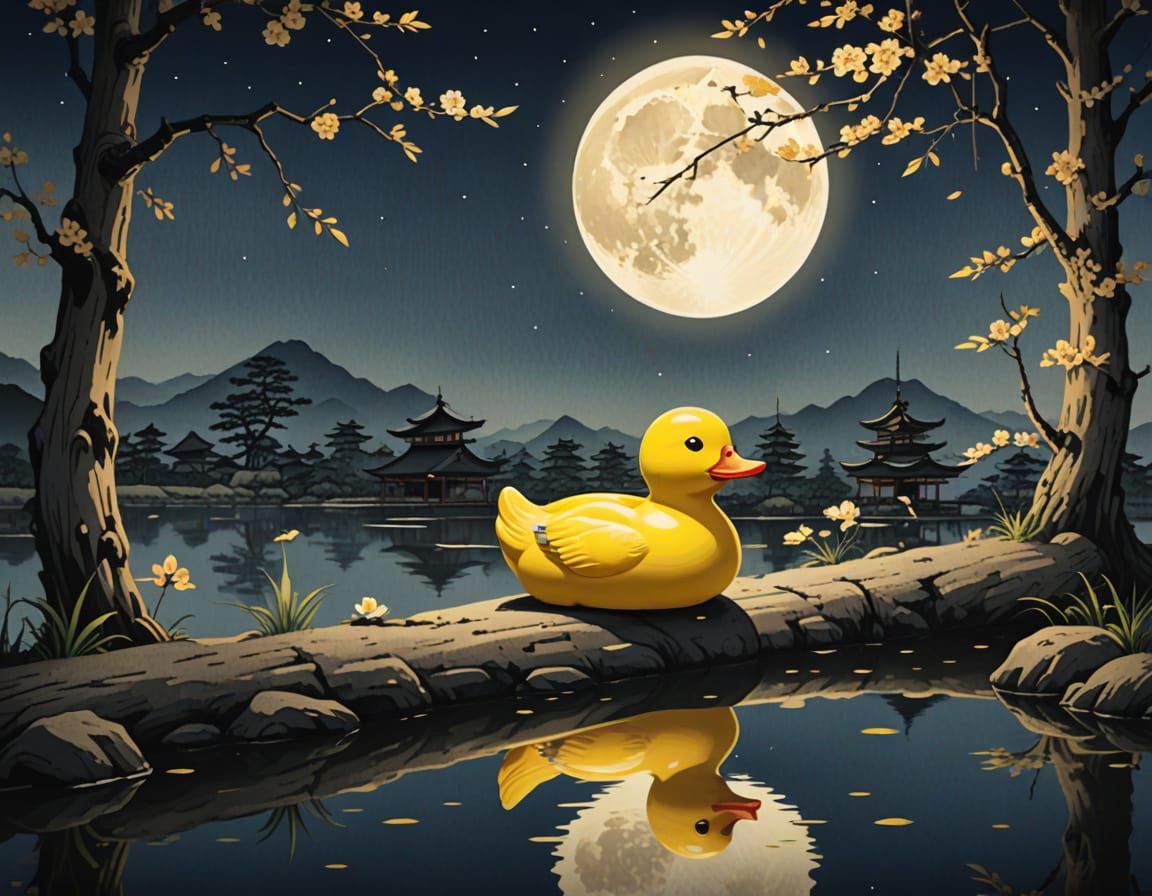 Vibrant Yellow Duck in Traditional Japanese Art Style