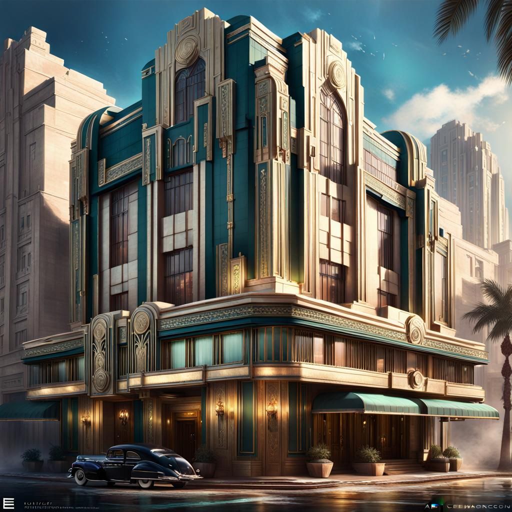 Art Deco Hotel Exterior: Maximalist Matte Painting