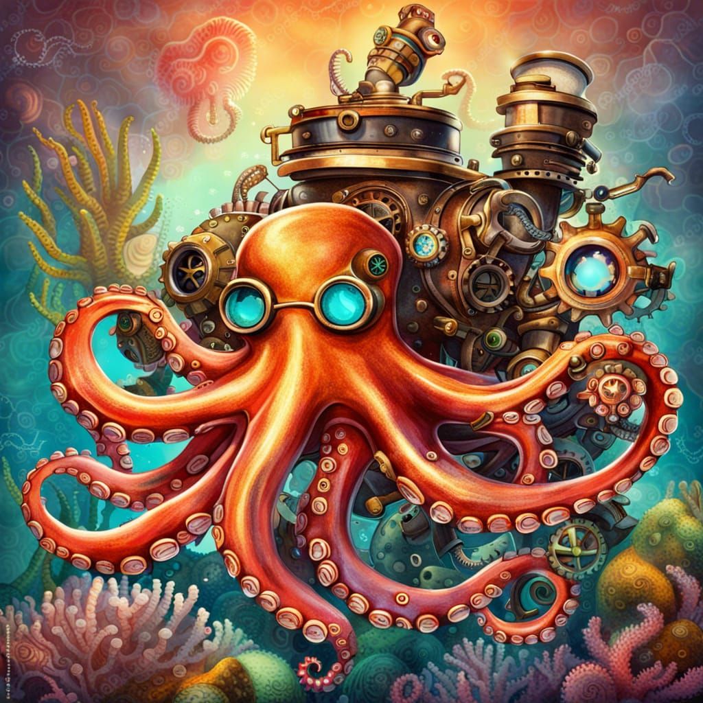 Steampunk Octopus Exploring Coral Reef