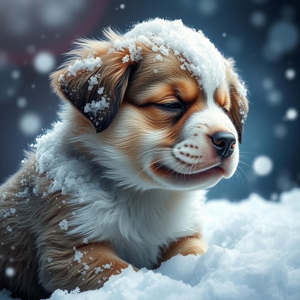 Puppy in Snow: Hyperrealistic Splash Art Portrait