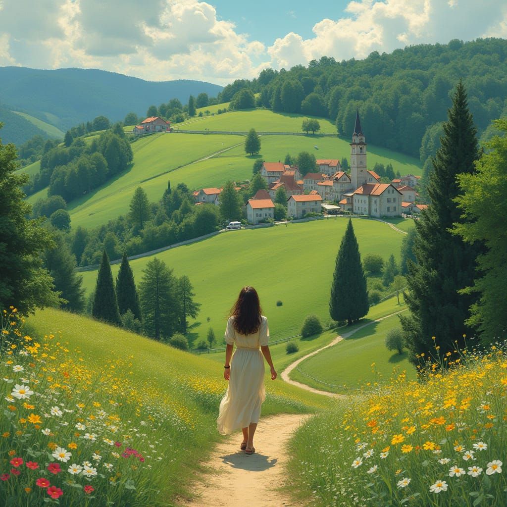 Woman in Hilly Village, Impressionist Style