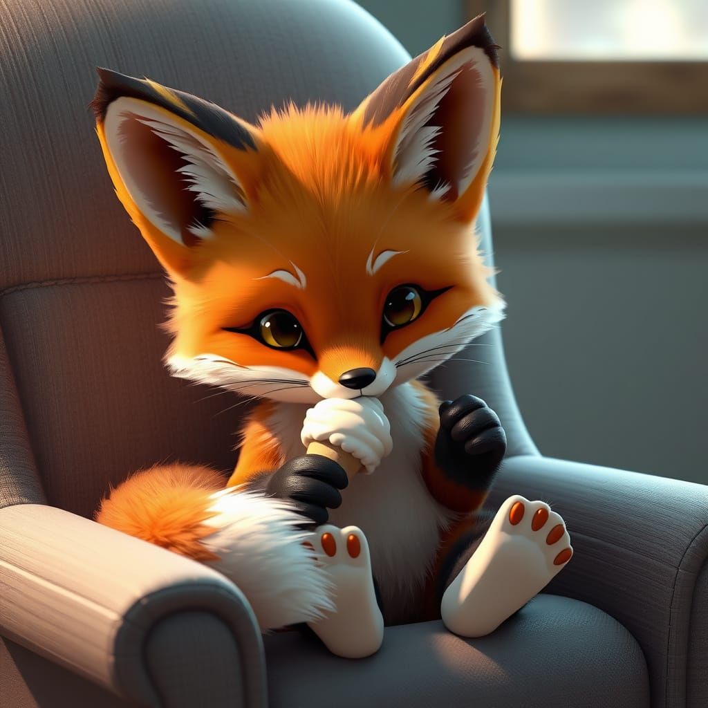 Fox Cub Enjoying Ice Cream: 3D Anime Art