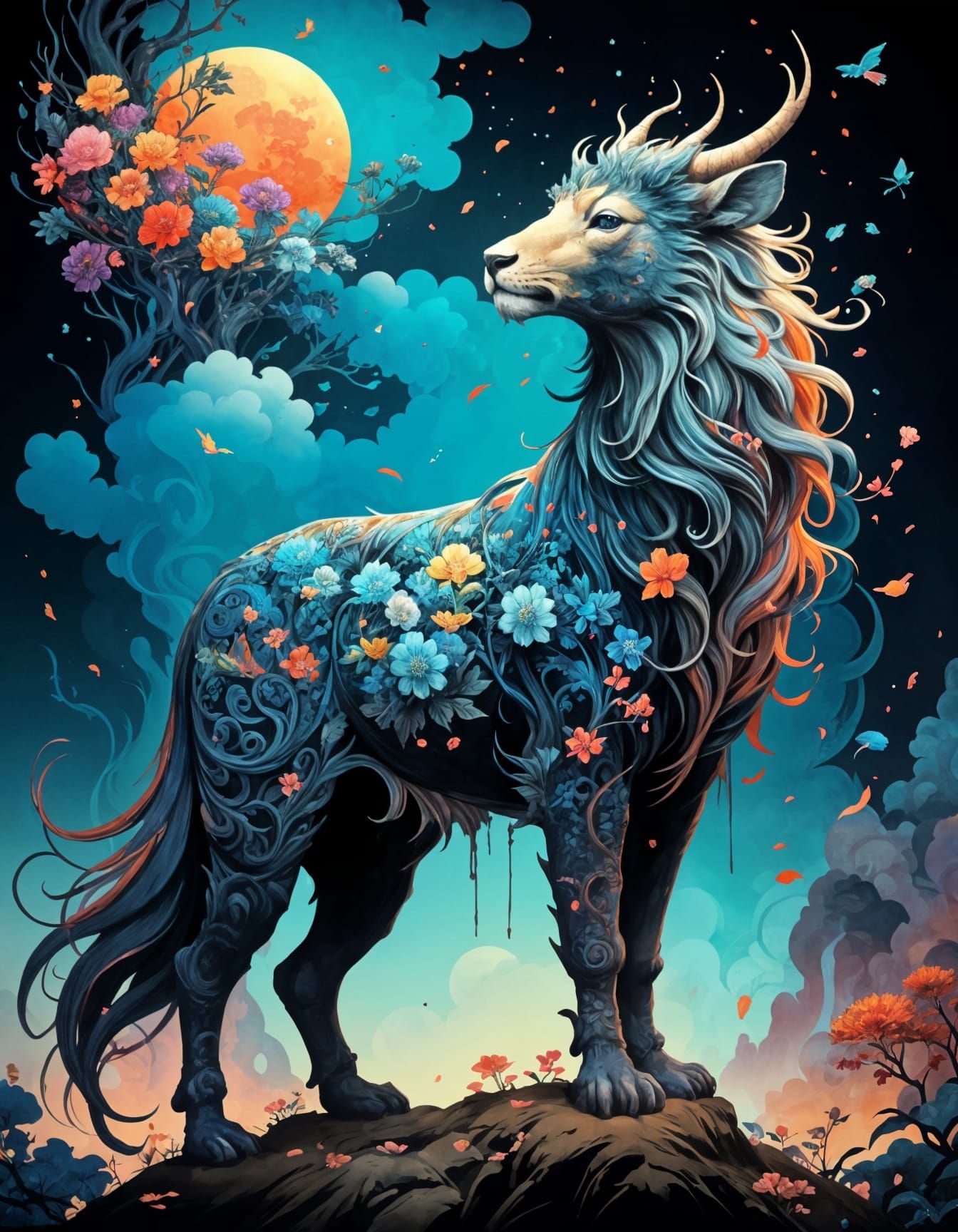 Whimsical Qilin in Vibrant Ming Dynasty Silk Painting Style