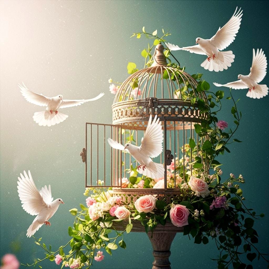 Ethereal Doves Emerge from Vintage Birdcage in Soft Light