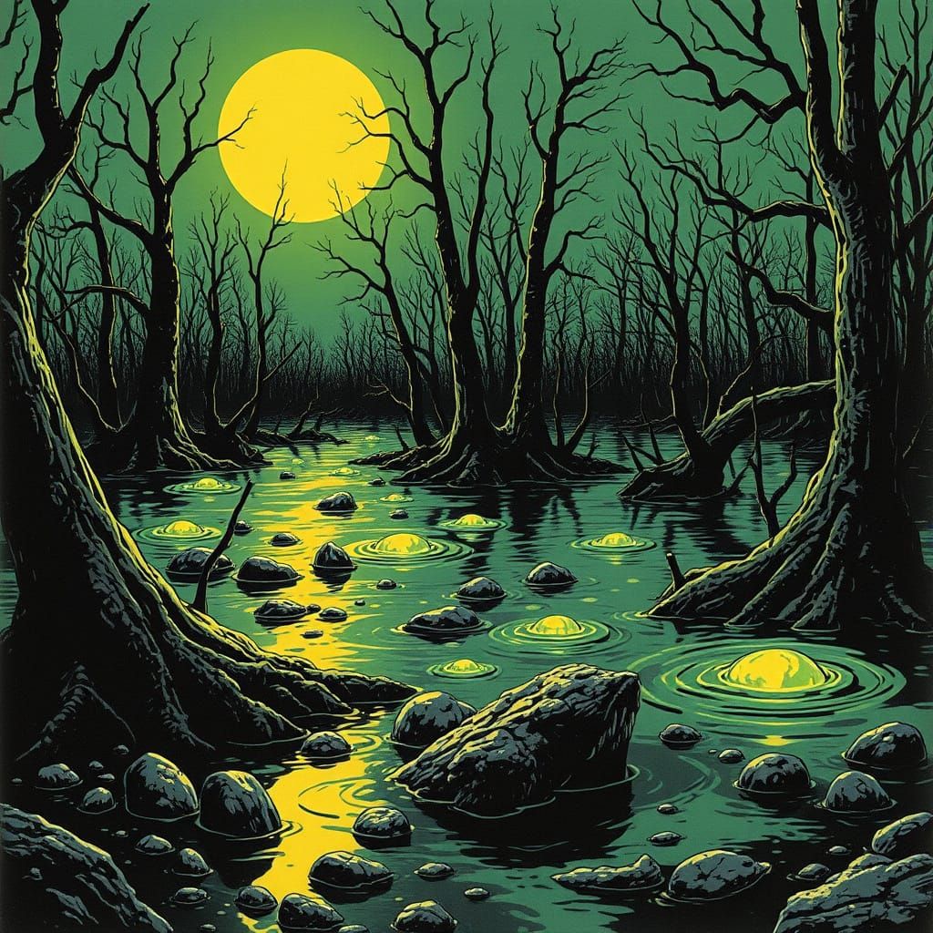 Bubbling Glowing Swamp in 1950s Pulp Horror Comic Style