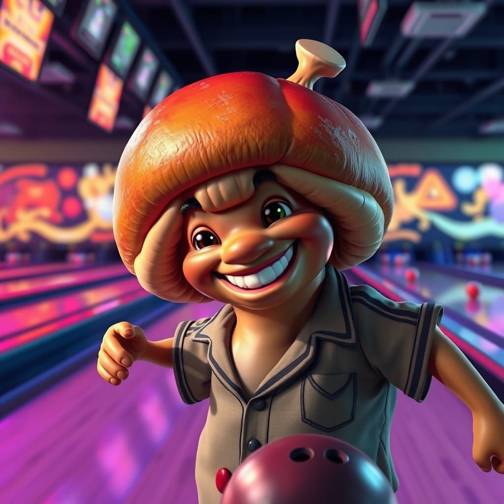 Fantastical Fungi Strikes in a Vibrant Bowling Alley Scene