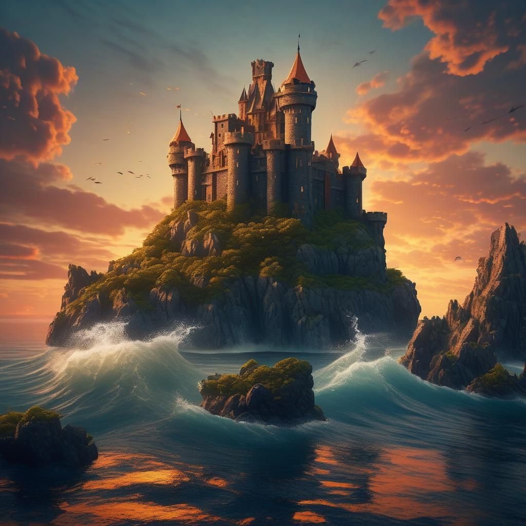 Ocean Castle Sunset: Detailed Fantasy Art