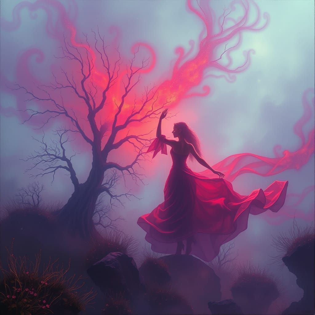 Ethereal Dance of Crimson and Violet Hues in Matte Painting