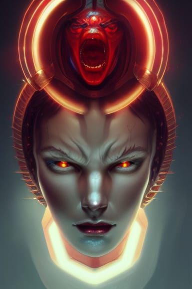 Sinister Red-Eyed Medusa Portrait in Decopunk Style