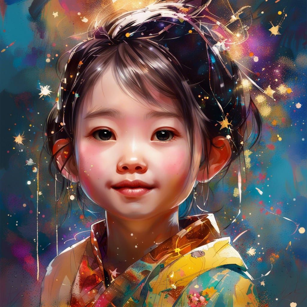 Adorable Chinese Girl Portrait with Sparkly Background