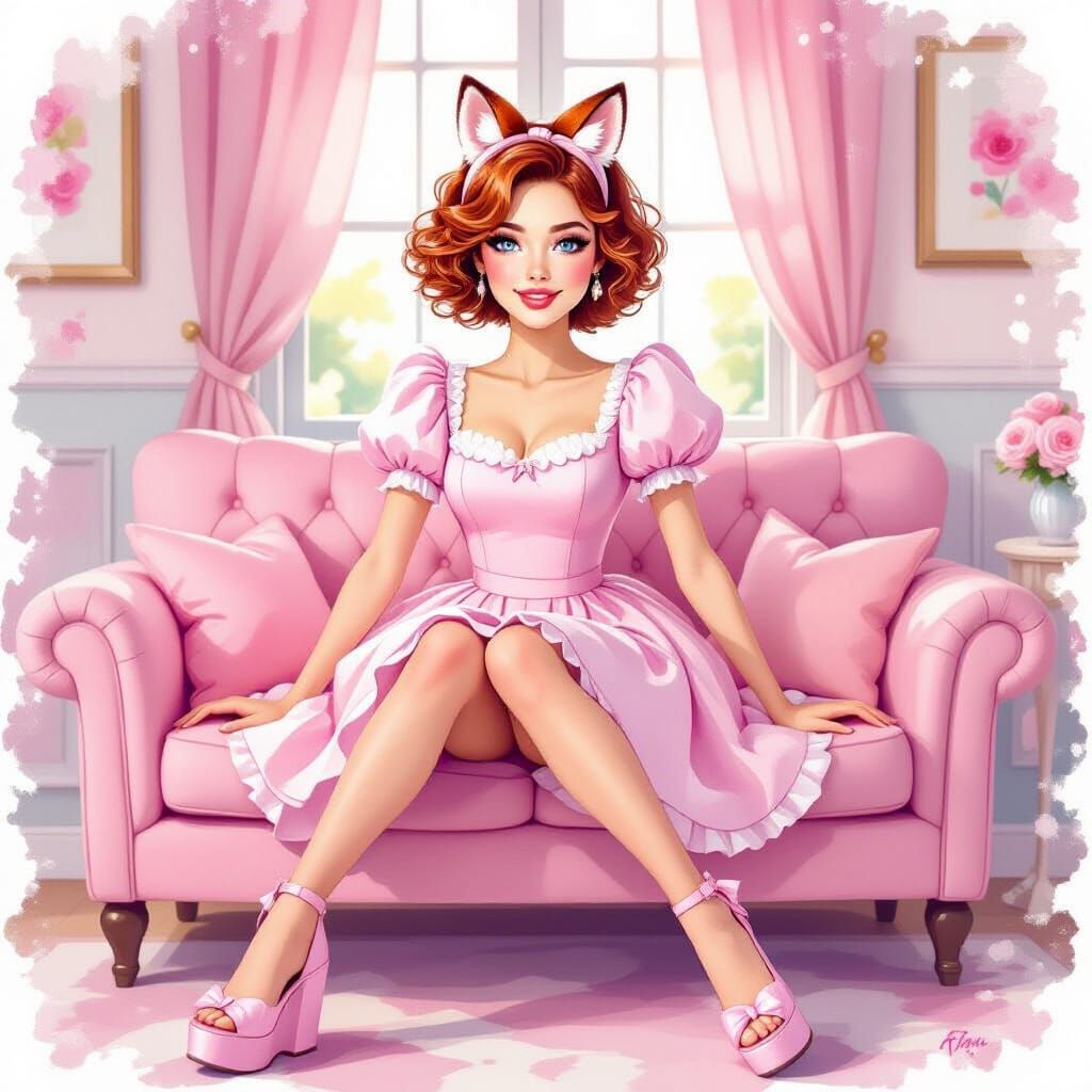 Dreamy Watercolor Portrait of Woman in Girly Room