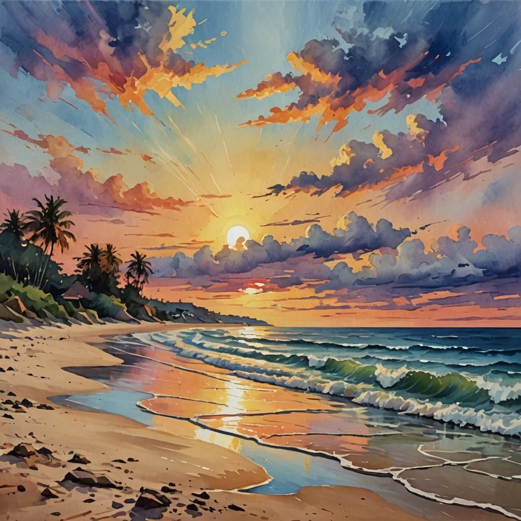 Beach Sunset in Gouache and Watercolor Style